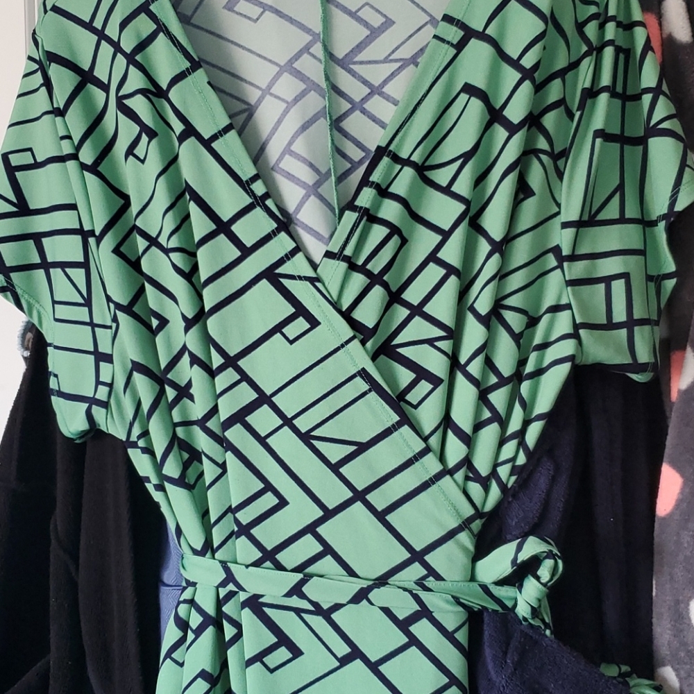 Green with blue wrap dress by Just Fab.
